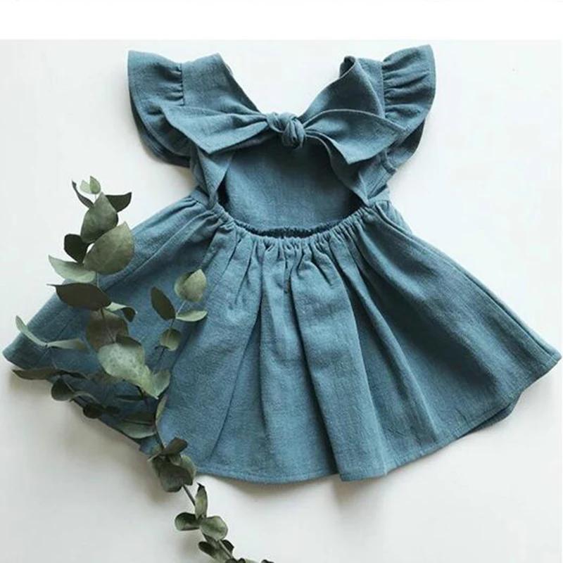 Robe d'été Style coréen pour petites filles, manches volantes, en coton et lin, tenue princesse pour