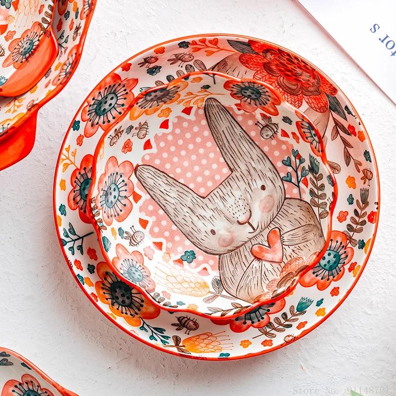 Filles et assiette peints à la main lapin mignon, UnderVest, bol à soupe domestique en céramique, bo