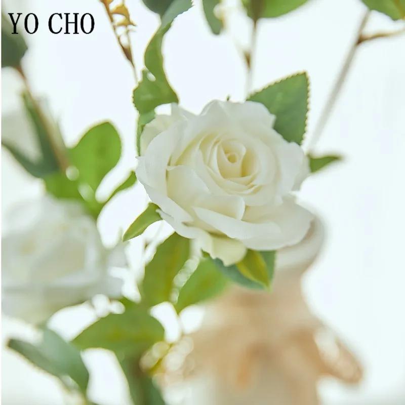 YO CHO – roses artificielles en soie, fausses fleurs de haute qualité, longue branche, 5 têtes, pour