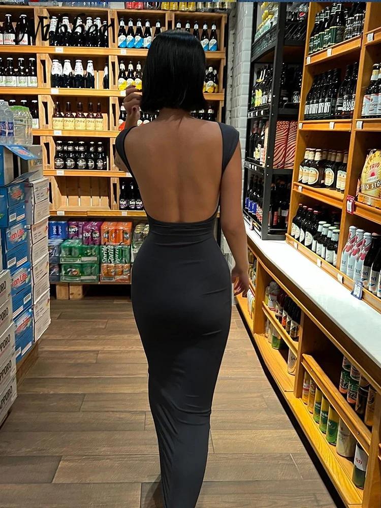 Nibber-Robe longue à manches courtes et dos nu pour femme, vêtement de couleur unie, sexy, élégant, 