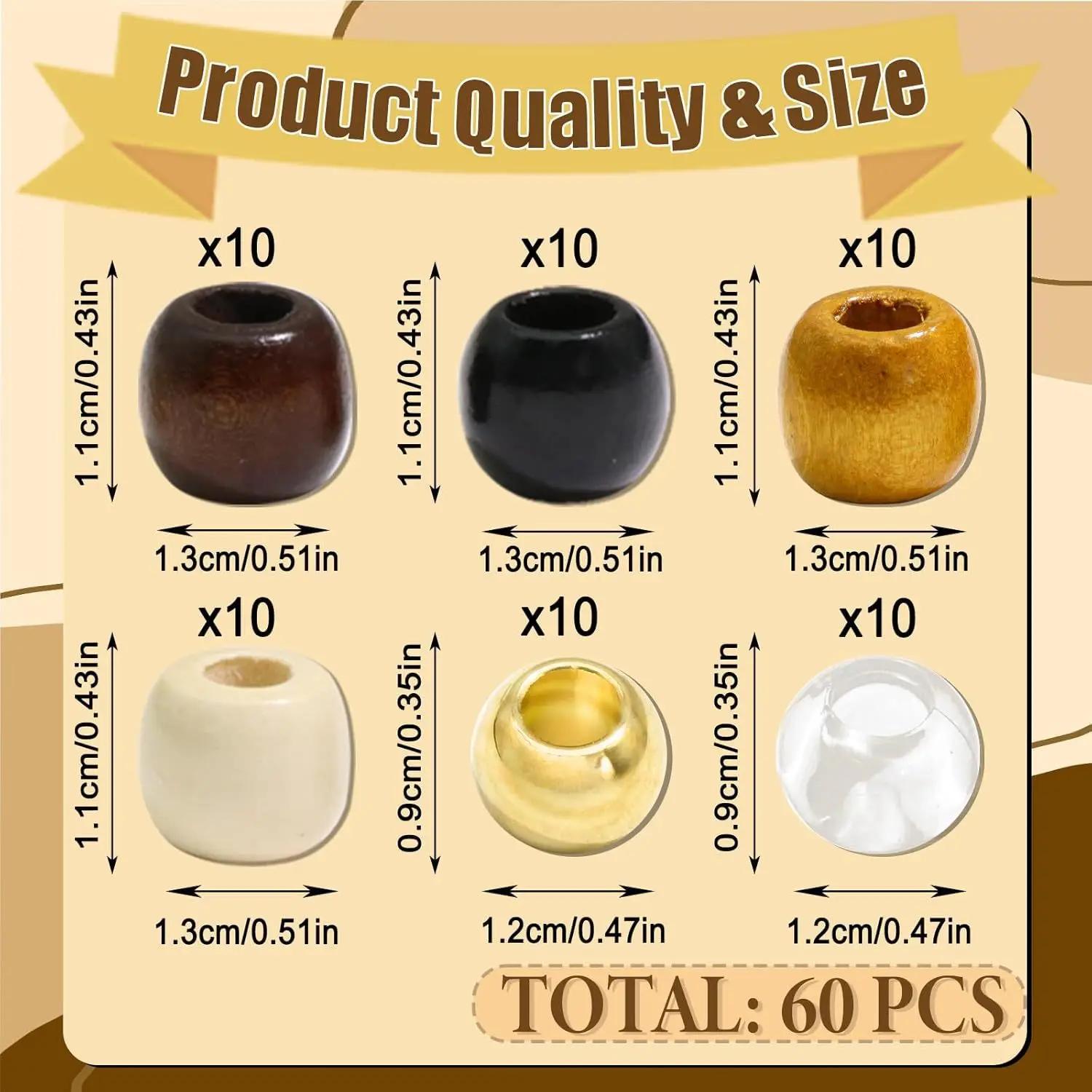 60 pièces de perles de cheveux transparentes + perles de dreadlock en bois avec ensemble d'outils de