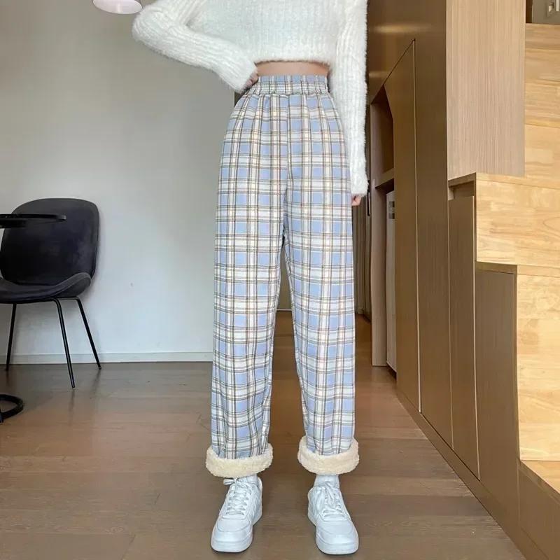 Mode chaud en peluche pantalon cachemire épais Plaid dames hiver décontracté ample pantalons à jambe