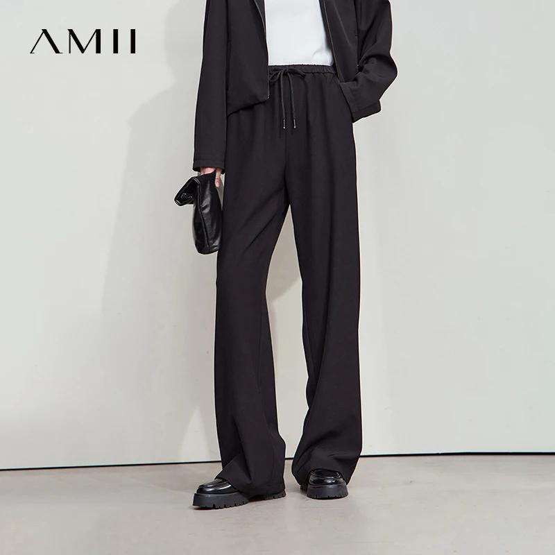 AMII 2025 automne femmes pantalon ample décontracté à lacets élastique jambe large pantalon droit so