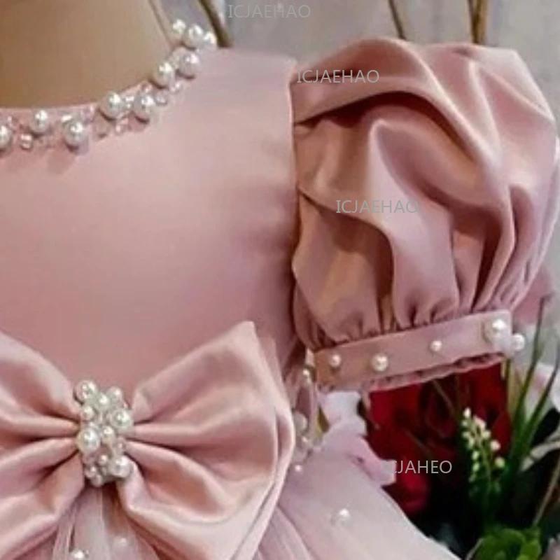 Robe de cérémonie pour enfant 2026 rose à manches bouffantes, ornée de perles et d'un nœud, pour dem