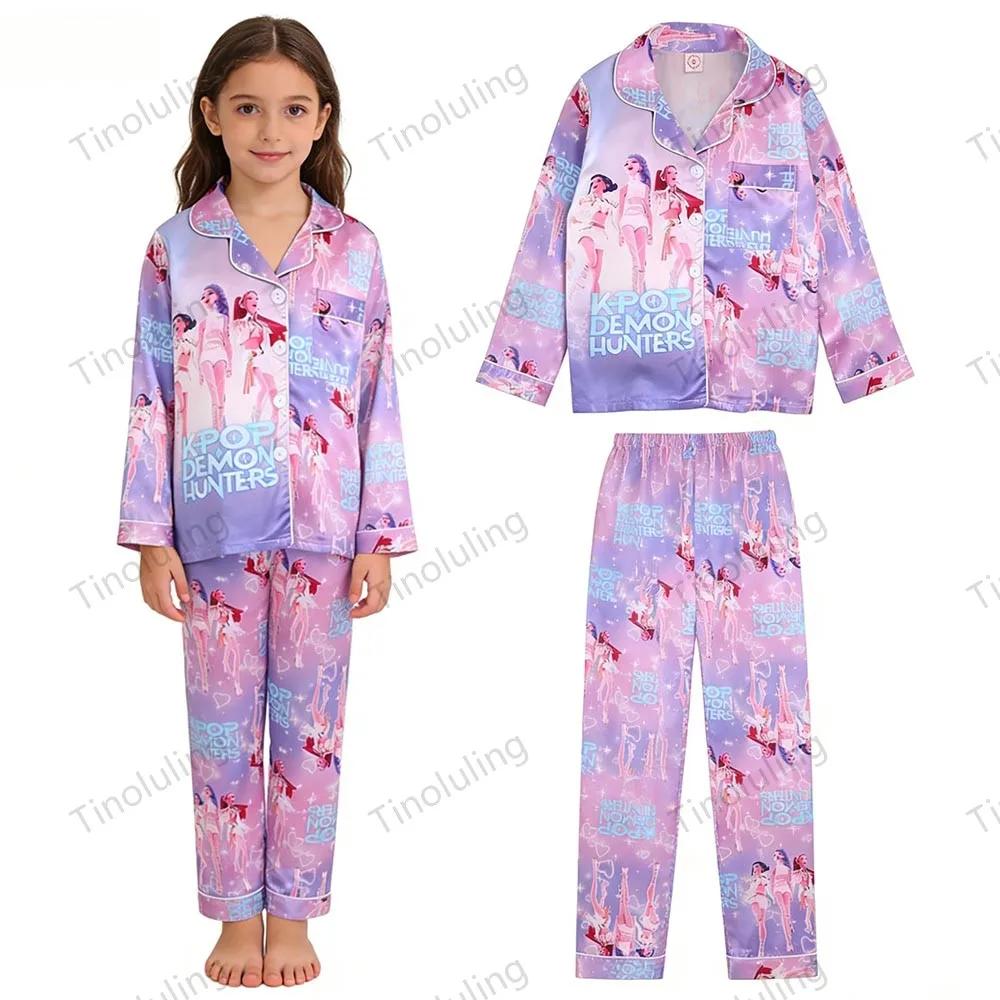 Ensembles de pyjamas pour filles en satin à manches longues rose et violet, pyjamas pour enfants Kpo
