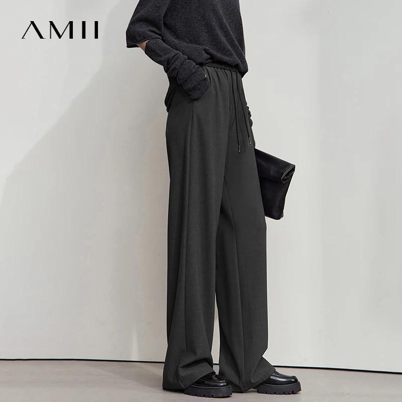 AMII 2025 automne femmes pantalon ample décontracté à lacets élastique jambe large pantalon droit so