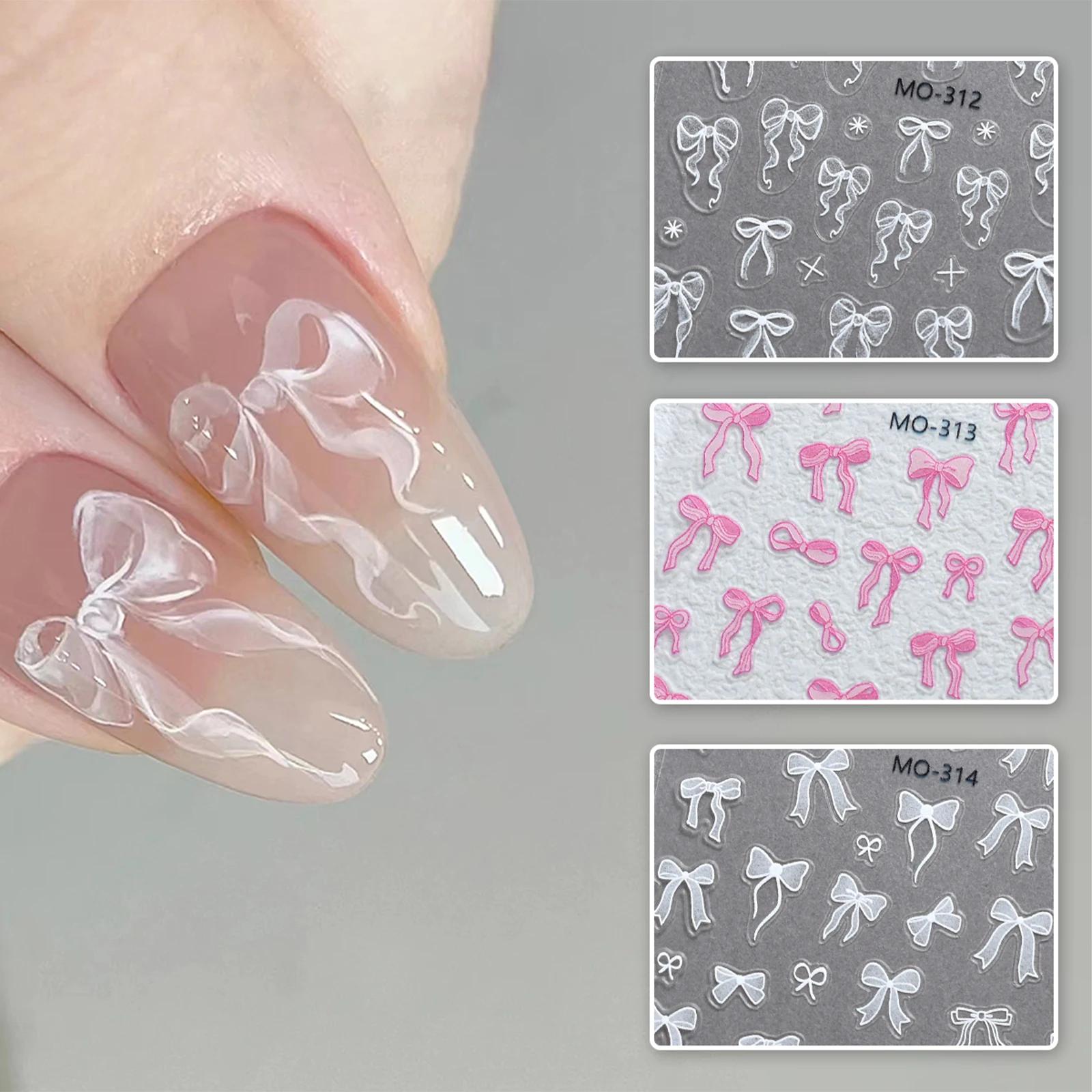 Autocollants pour ongles à nœud papillon, ruban blanc en Relief 3D, mignon, rose doux, autocollants 
