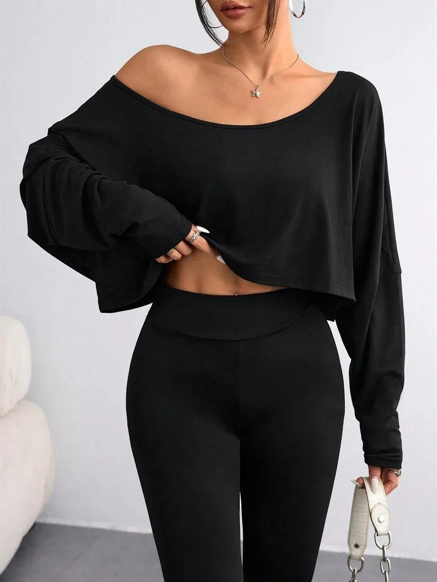 Chemisier noir à manches longues pour femmes, T-shirt décontracté, col asymétrique, haut sans bretel
