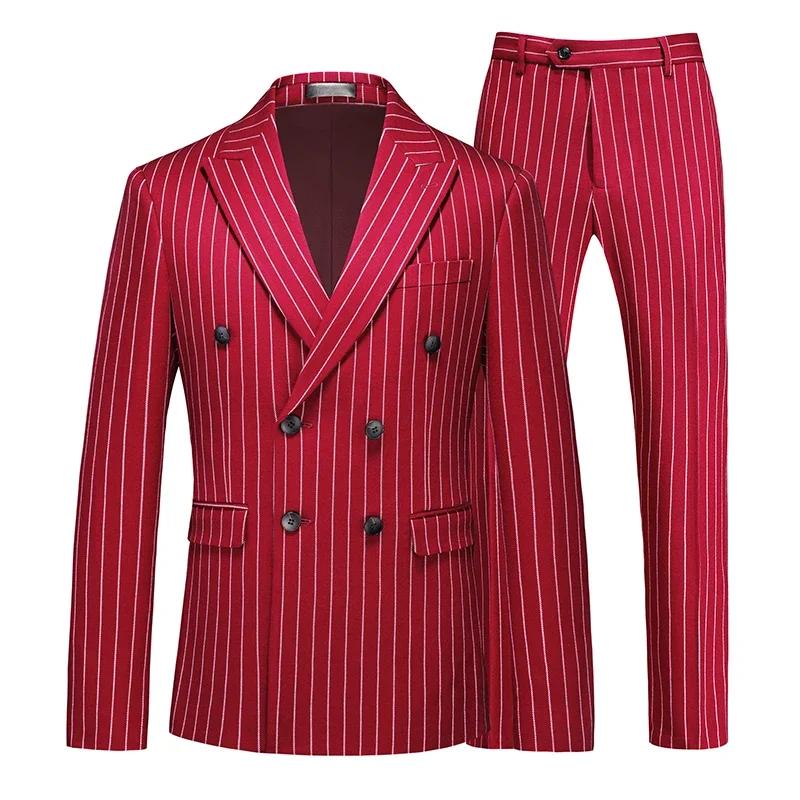 Blazers à double boutonnage pour hommes, rayés, imbibés, 2 pièces, noir, vin rouge, zones Me Busines