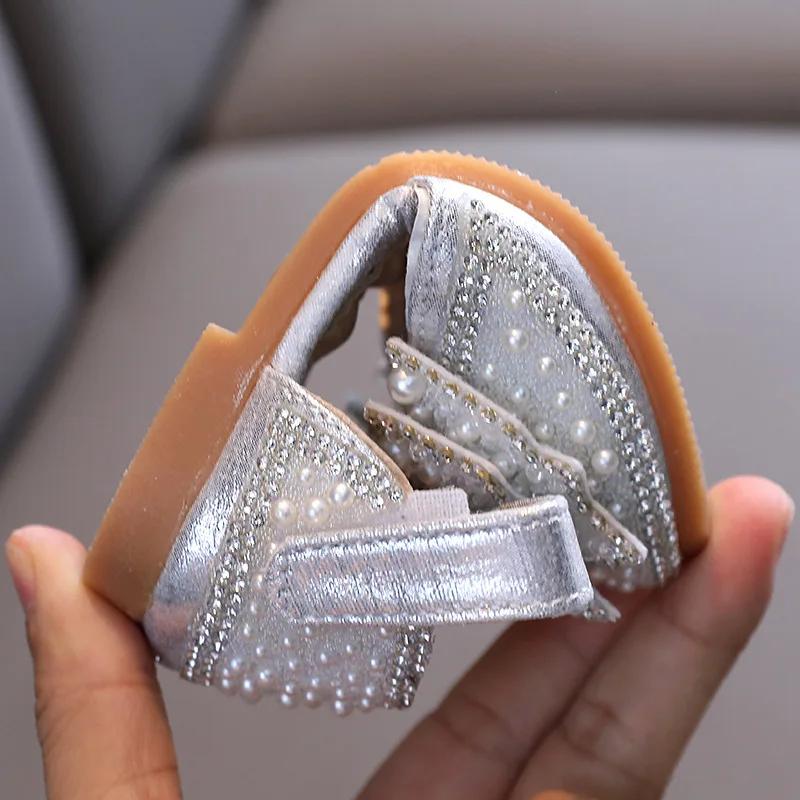 Sandales d'été plates de princesse pour filles, chaussures à paillettes avec nœud en strass, chaussu