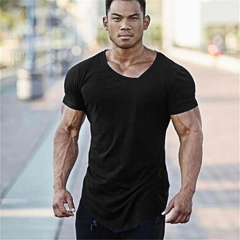 Couleur unie à manches courtes coupe ajustée col en v chemises gymnase musculation Fitness Muscle T-