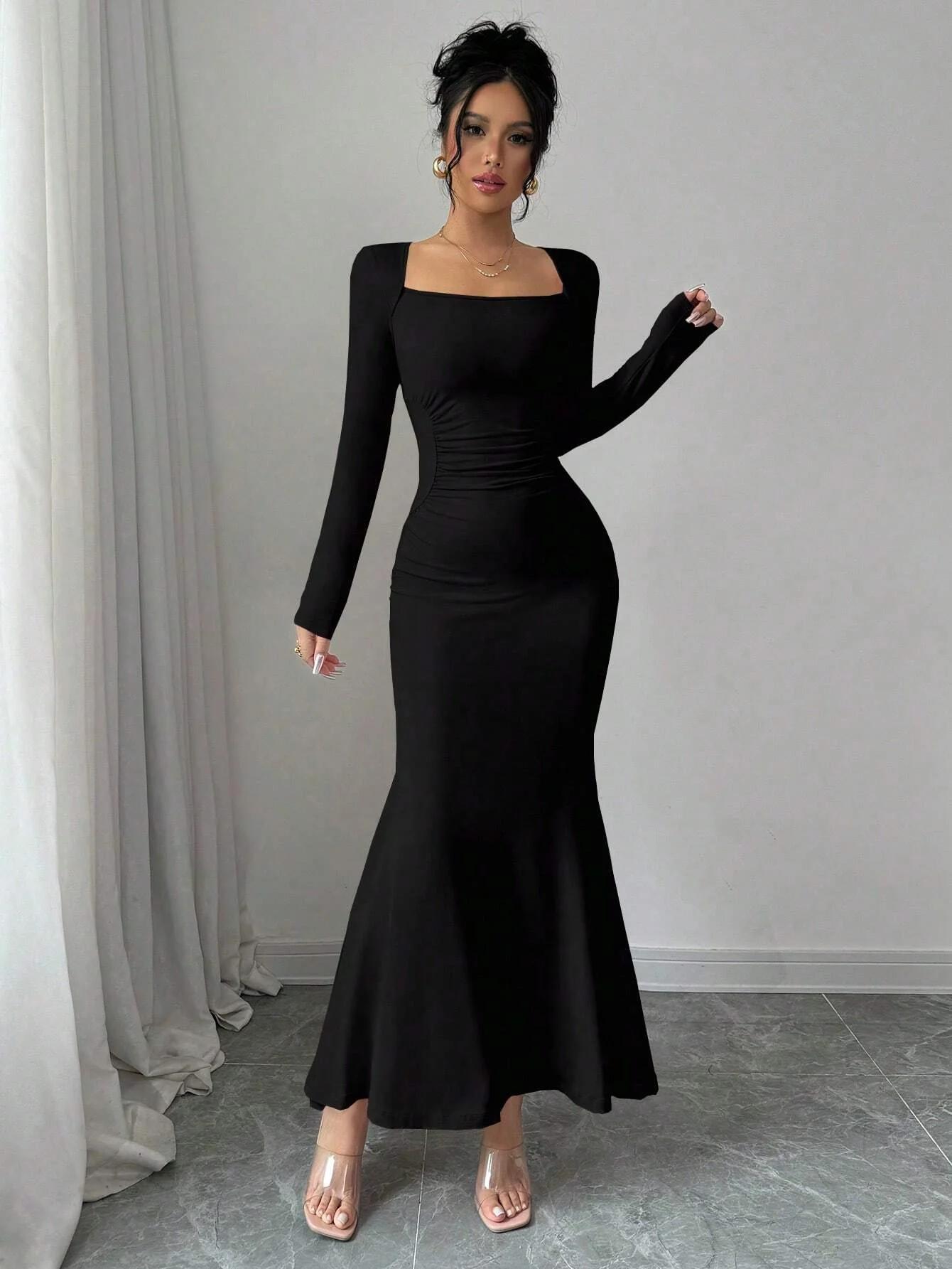 Robe quatre saisons pour femmes, nouveau Style, tempérament élégant, rétro, couleur unie, col carré,