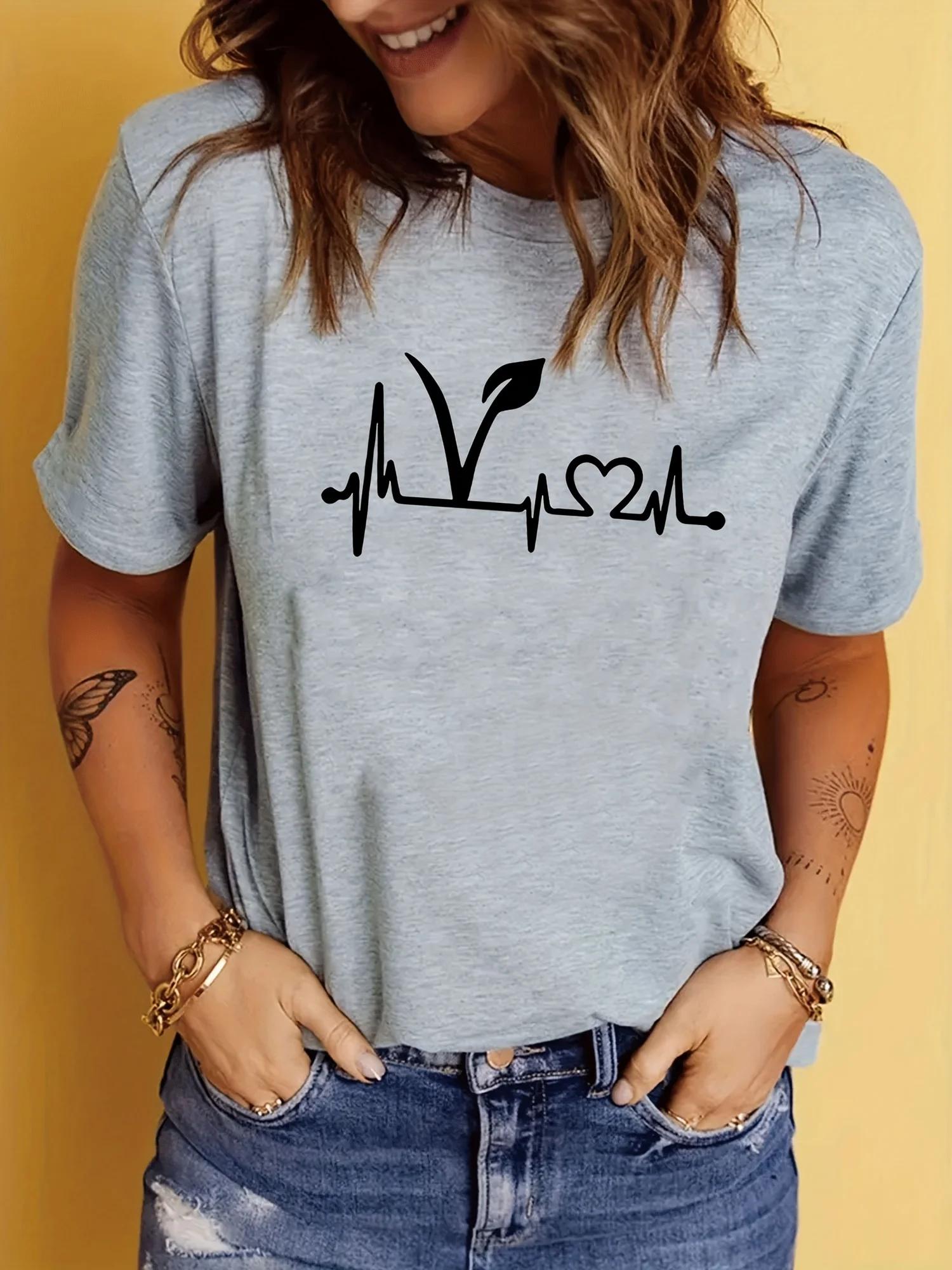 T-Shirt à manches courtes imprimé plante, haut décontracté à col rond pour l'été et le printemps, vê