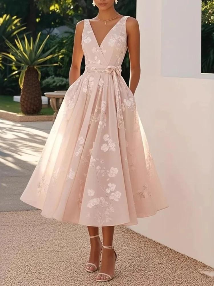 Robe longue élégante imprimée à col en V, sans manches, en maille, avec nœud à la taille, pour femme
