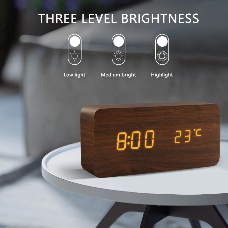 Réveil LED en bois, commande vocale, horloge de bureau électronique, alimenté par USB/AAA