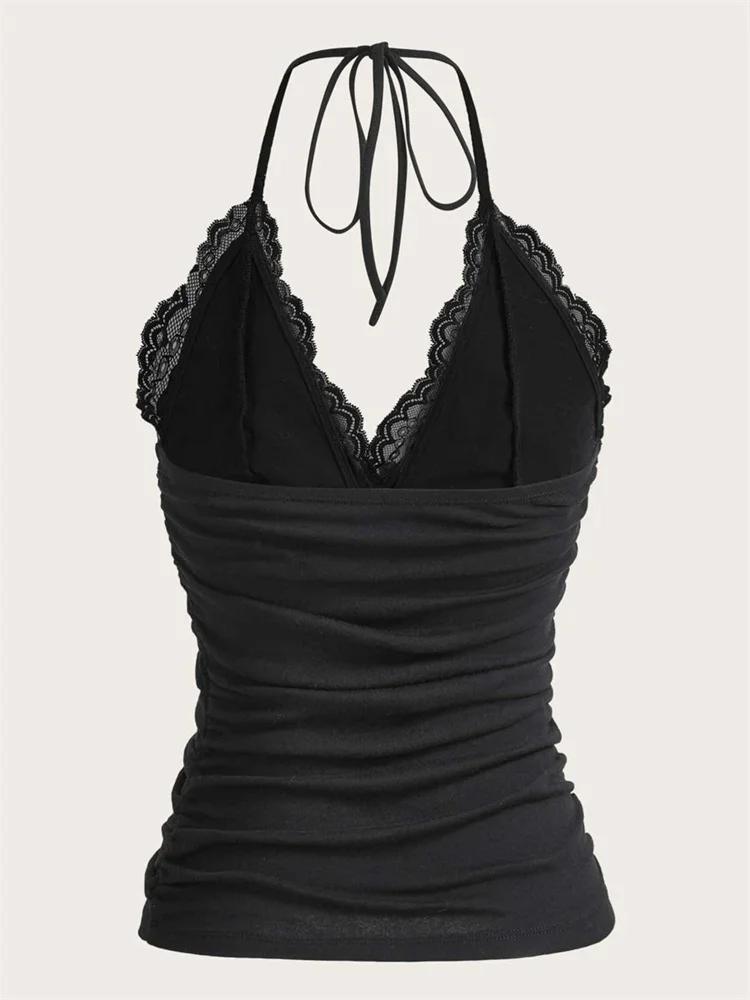 Goth Grunge Punk noir dentelle Patchwork haut à licou femmes été solide froncé dos nu sans manches d