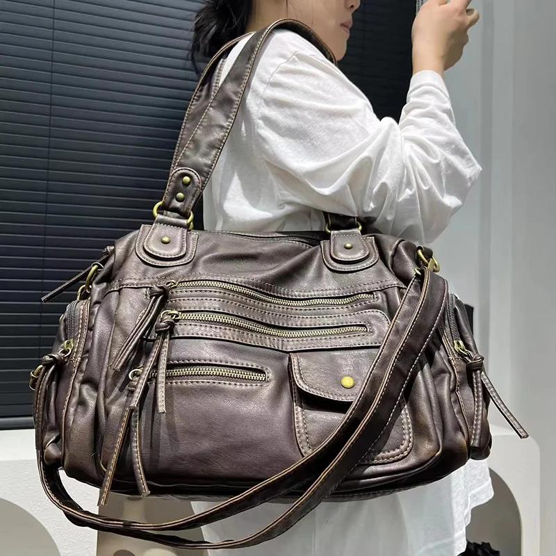 Sac fourre-tout Y2K tendance pour femme, style punk motard, grande capacité, en cuir PU, sac bandoul