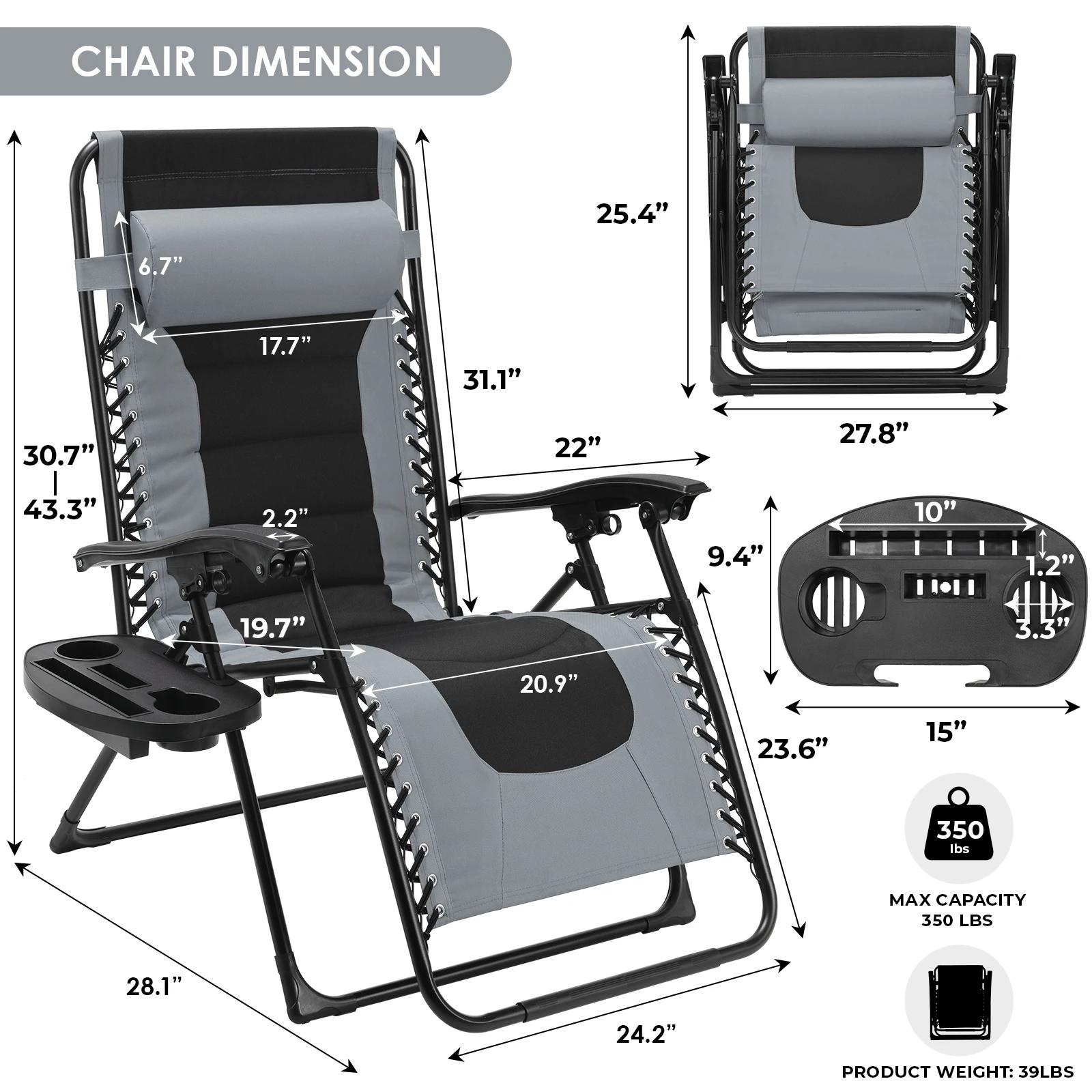 Chaise zéro gravité rembourrée, ensemble de 2 chaises inclinables pliables pour l'extérieur, chaise