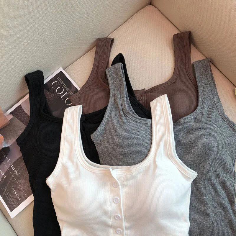 Camisole Slim sans manches à bretelles Spaghetti pour femmes, couleur unie, avec coussinet de poitri