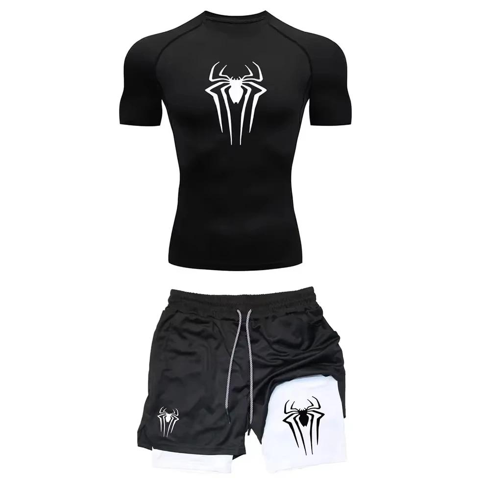 Ensemble de Compression d'entraînement pour hommes, t-shirt de gymnastique imprimé araignée Y2K, sho