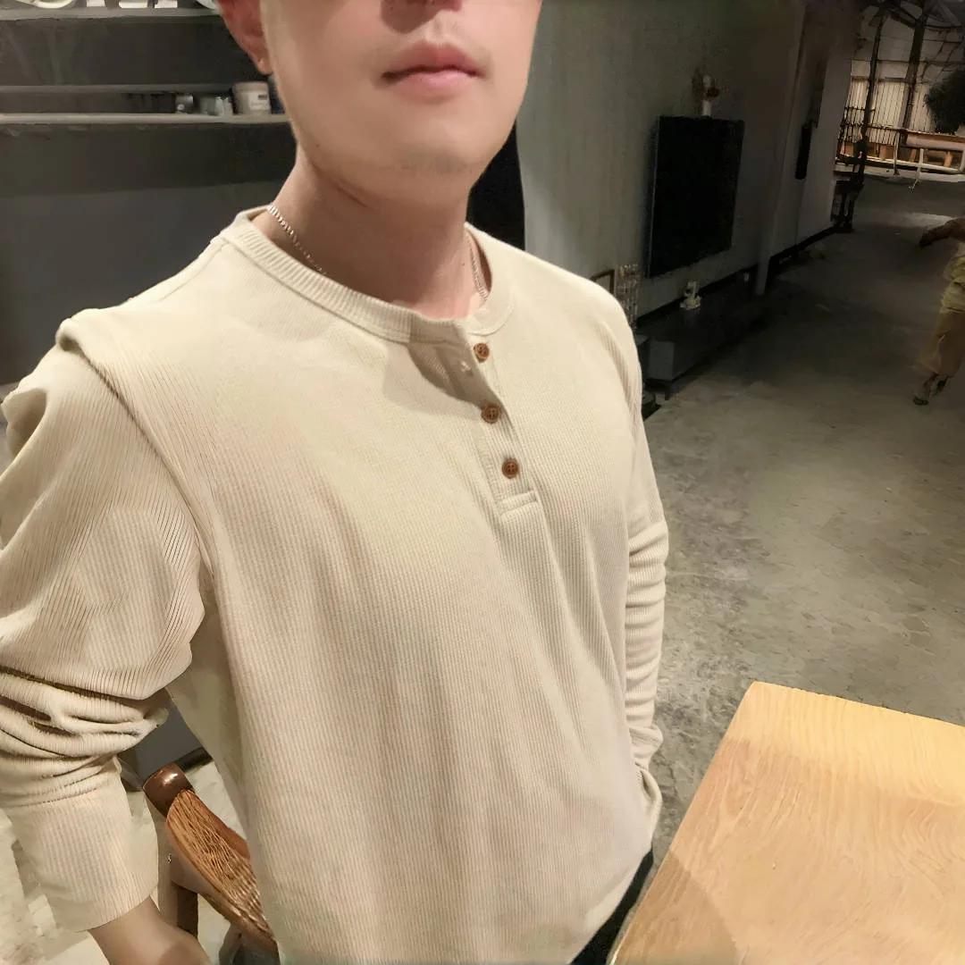 T-shirt basique pour hommes, coupe cintrée, décontracté, Henley gaufré, chemises à manches longues, 