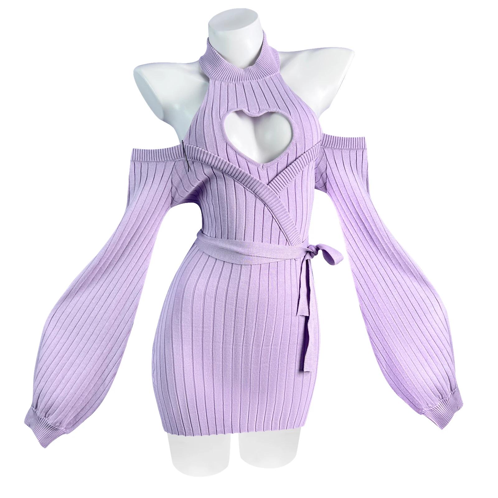 Robe en tricot bleu sexy à motif d'automne et de cœur, bretelles, dos nu, pull à col roulé doux pour