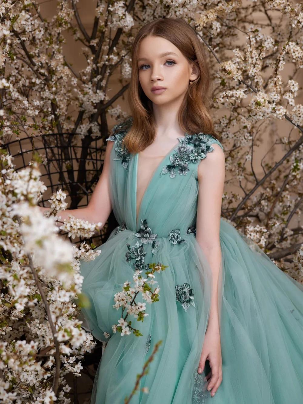Robe de princesse pour enfants, élégante, verte, exquise, à fleurs 3D, avec cape, pour les filles, r