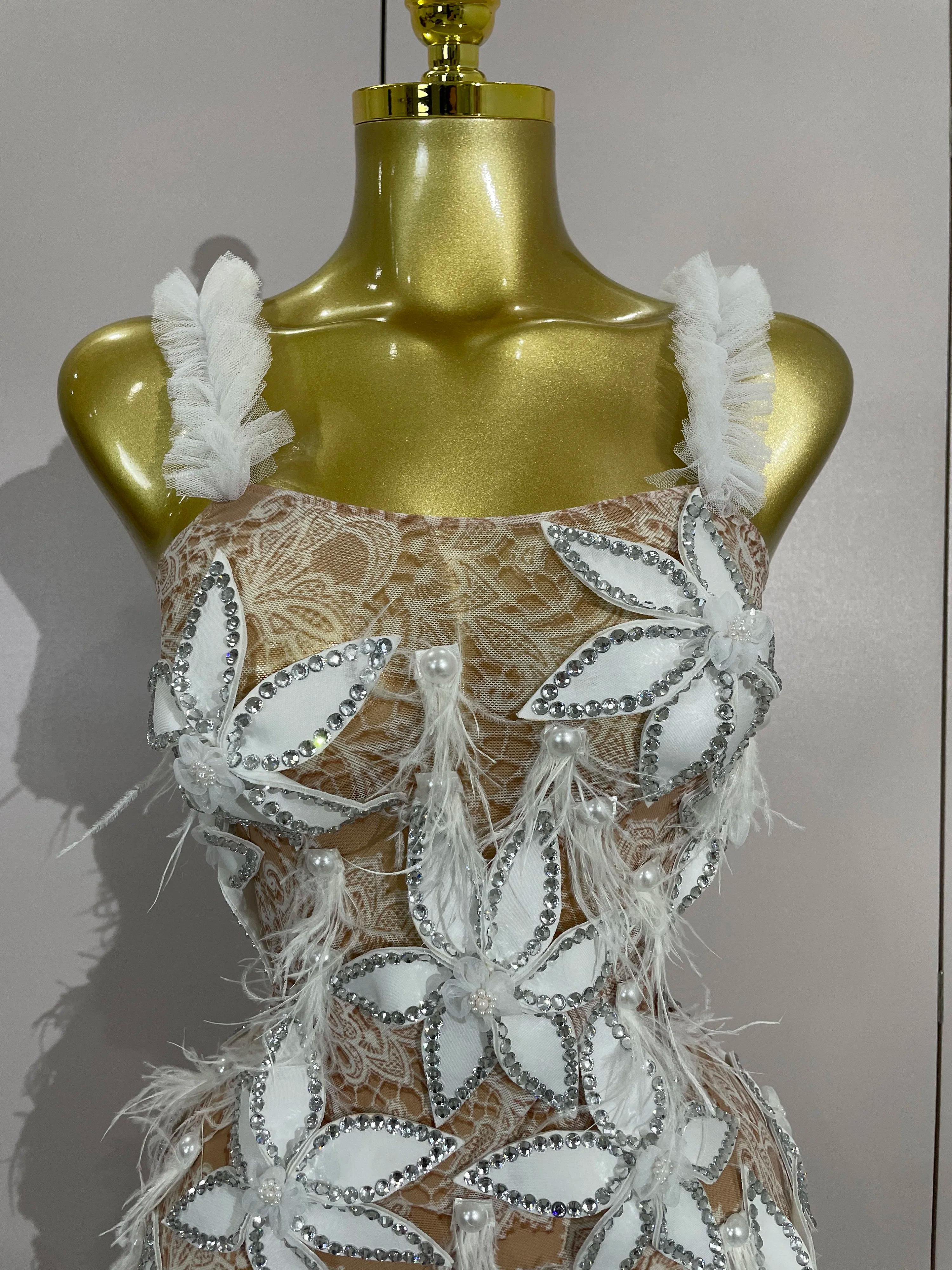 Sexy brillant diamant fleurs plumes blanc Transparent Slip robe courte soirée bal célébrer anniversa