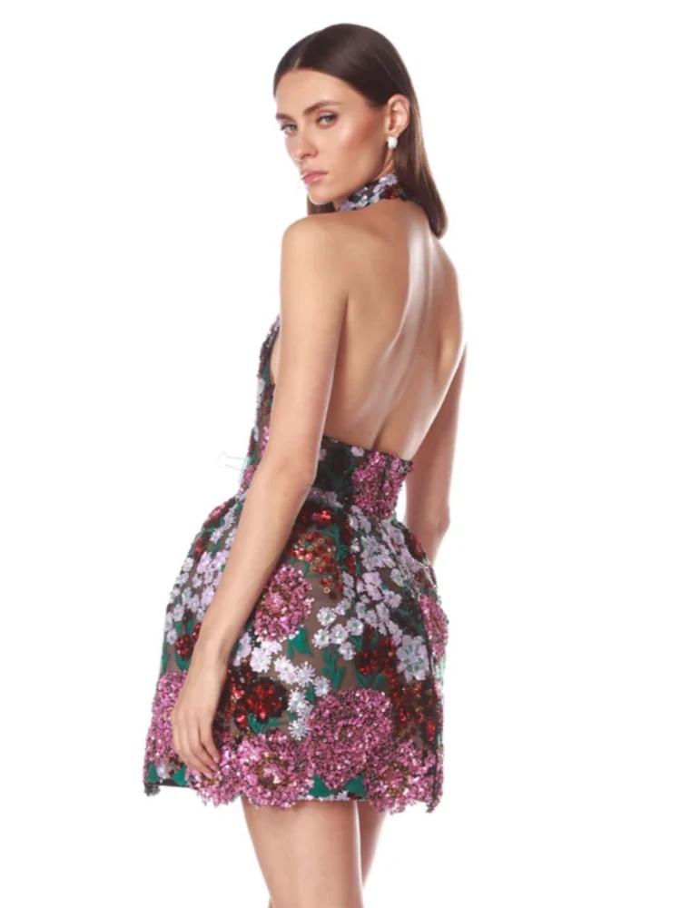 Mini robe Sexy à paillettes et fleurs brodées pour femmes, col licou, sans manches, dos nu, paillett