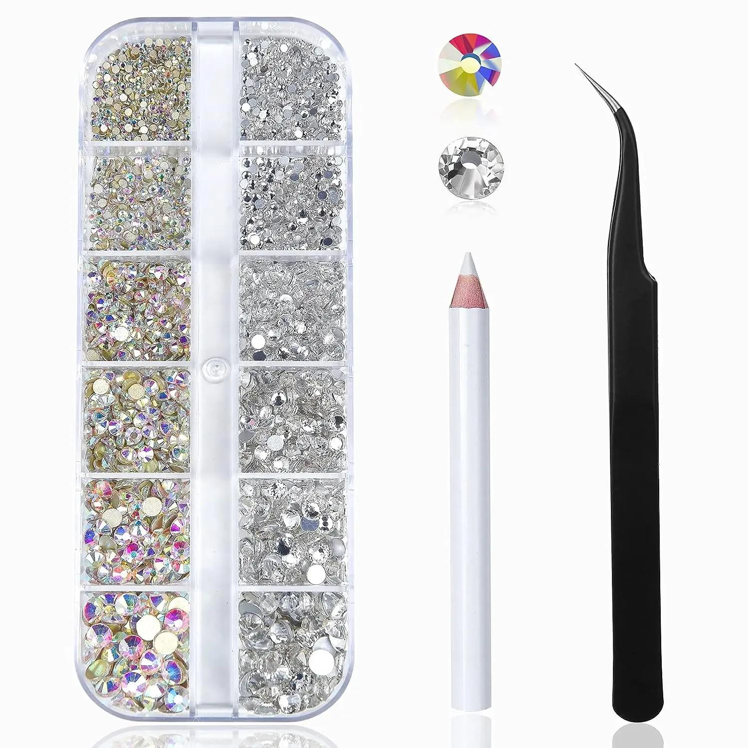 Kit de strass pour Nail Art, pierres précieuses en verre AB à dos plat, avec 1 boîte d'organisation 