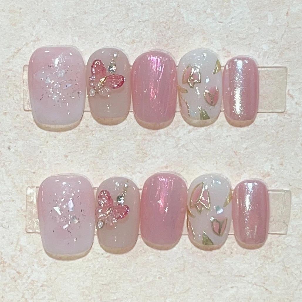 10 pièces rose à la main presse sur les ongles couverture complète ours coeur conception courte rond