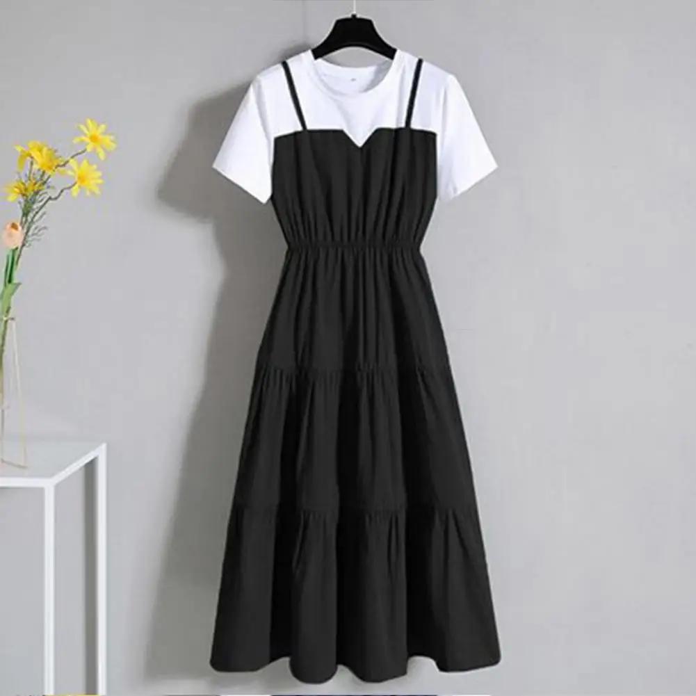 Fausse robe deux pièces à bretelles pour femmes, manches courtes, robe serrée à la taille, mode, été