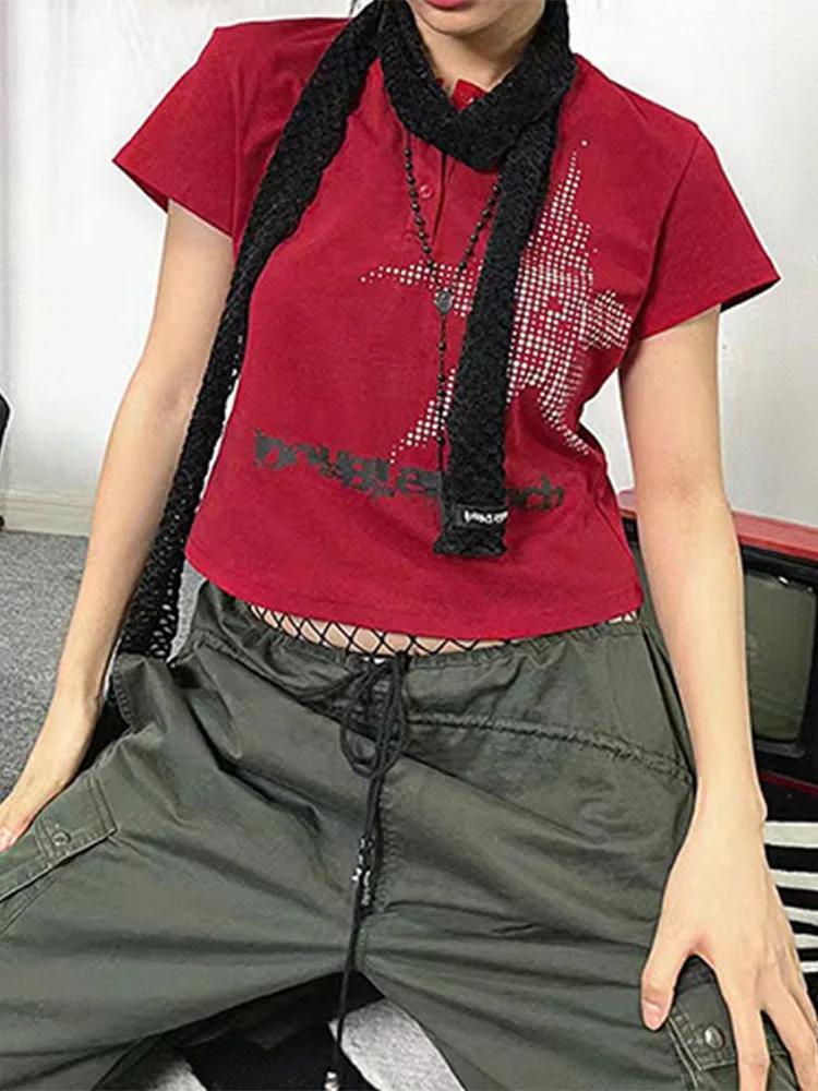 Haut court à manches courtes et col rond pour femmes, T-shirt graphique, Streetwear à motif d'étoile