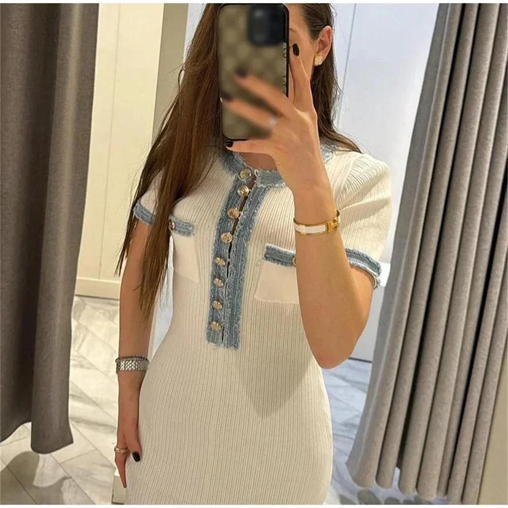 Robe Maxi en tricot pour femmes, élégante, contrastée, Chic, col rond, manches courtes, boutons méta