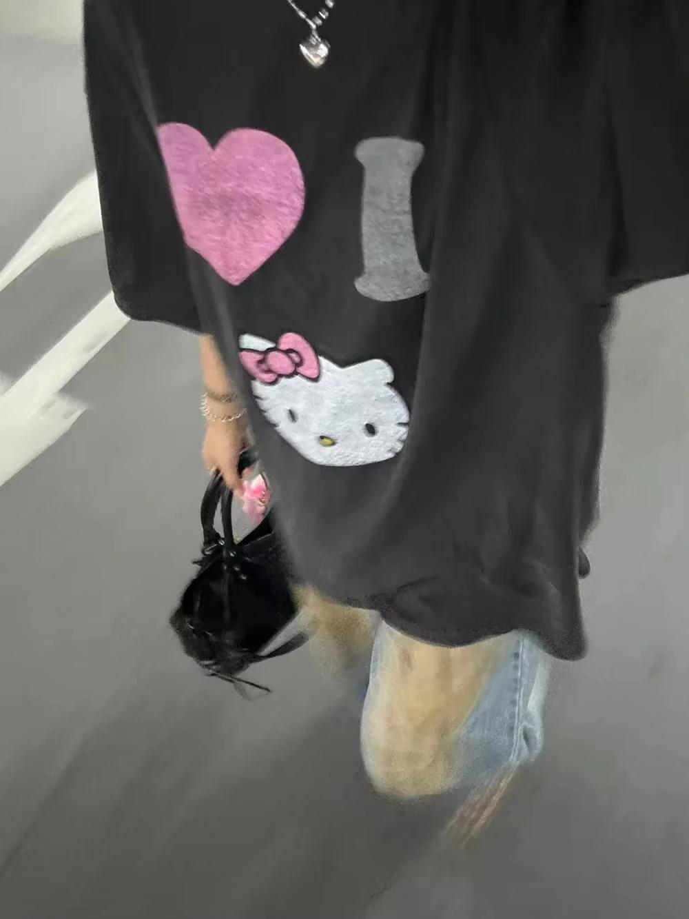 T-shirt Y2K Hello Kitty avec impression Anime, col rond ample, dessin animé original, à la mode, con