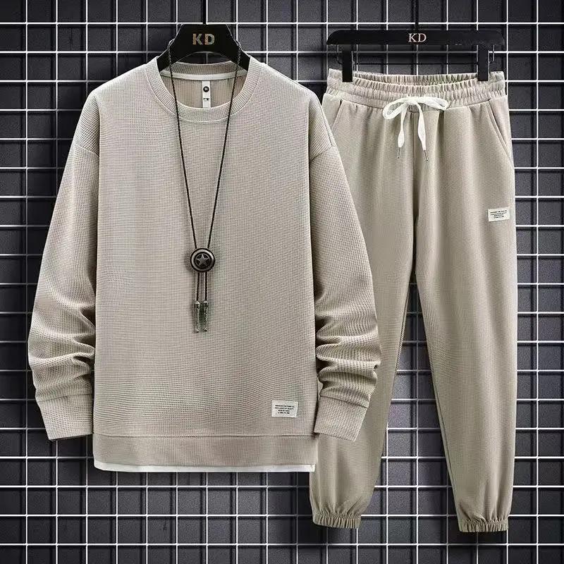 2025 printemps et automne nouveaux hommes gaufre deux pièces sweat-shirt décontracté et pantalon de 