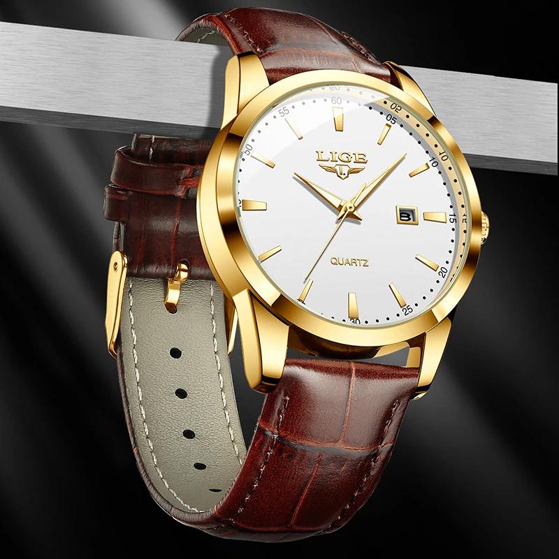 Montre LIGE en cuir marron pour homme, style militaire, sport, quartz, décontractée, étanche, chrono