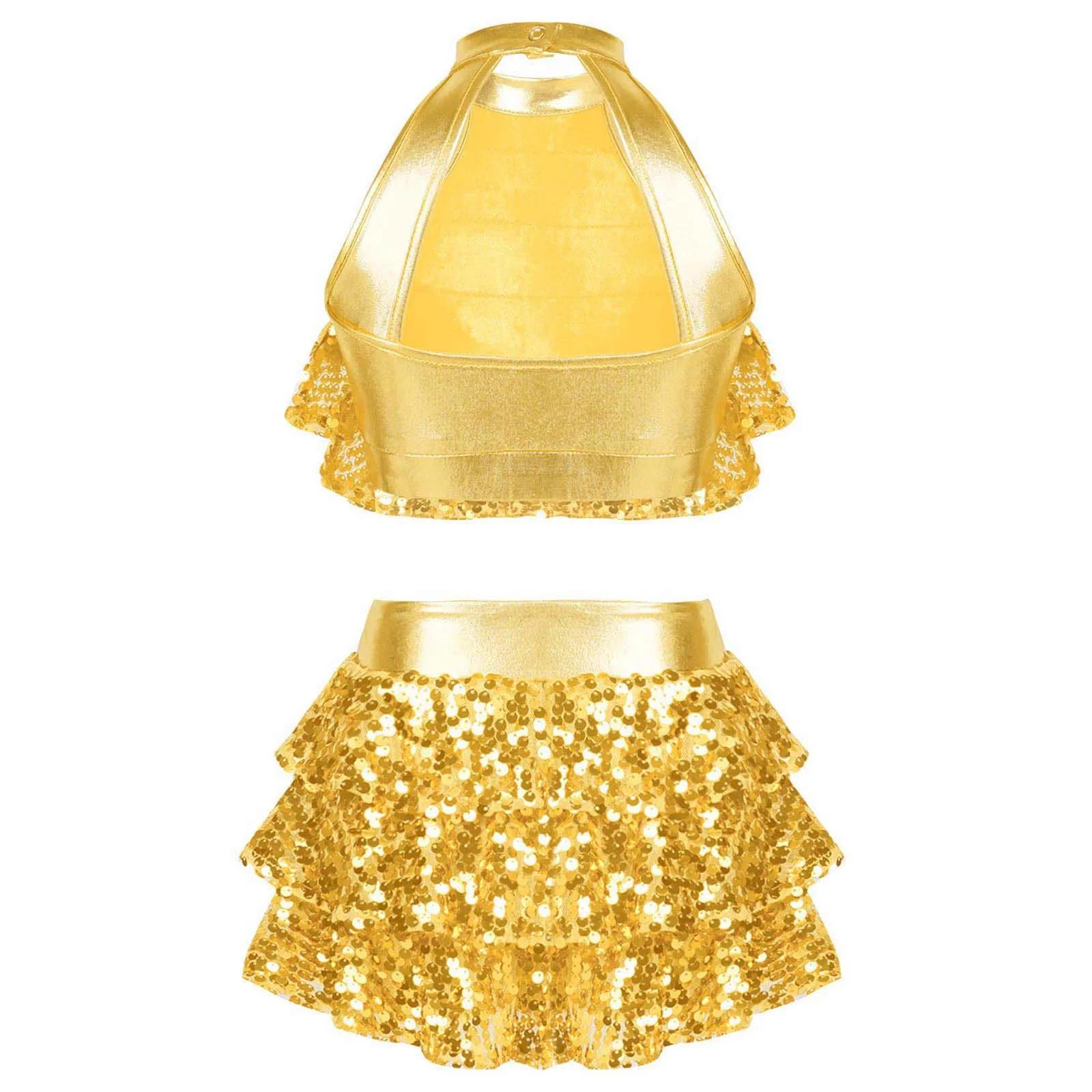 Haut court à plusieurs niveaux avec jupe pour enfants, paillettes brillantes pour filles, ensemble d