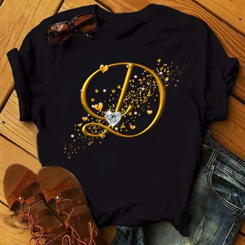 T-shirt à manches courtes personnalisé pour femme, lettre de nom BLOFashion, police de lettre d'or d