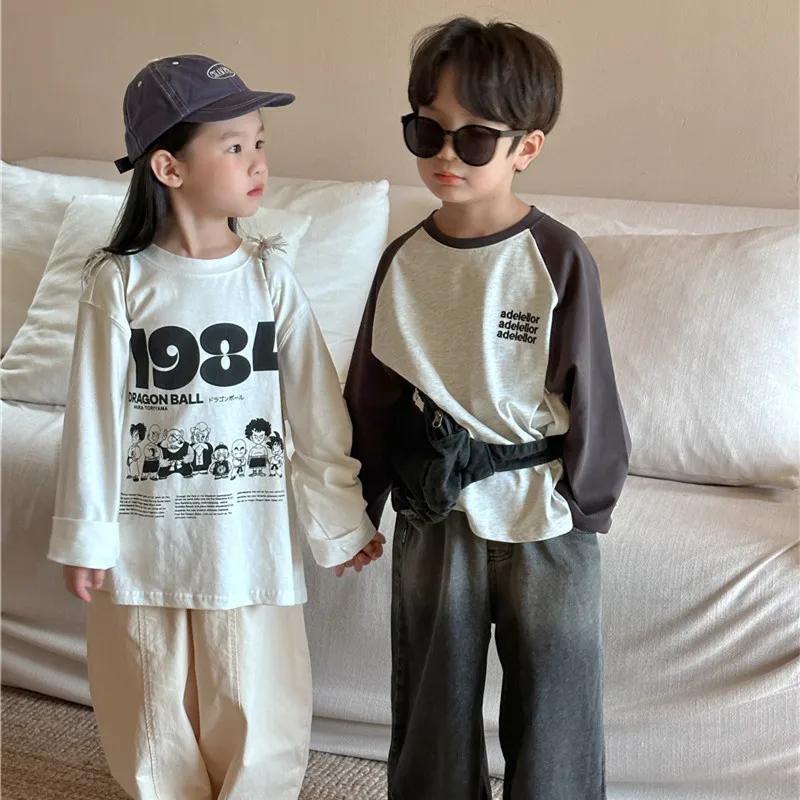 T-shirt manches longues col rond pour enfants, ample, en coton, avec lettres de dessin animé, printe