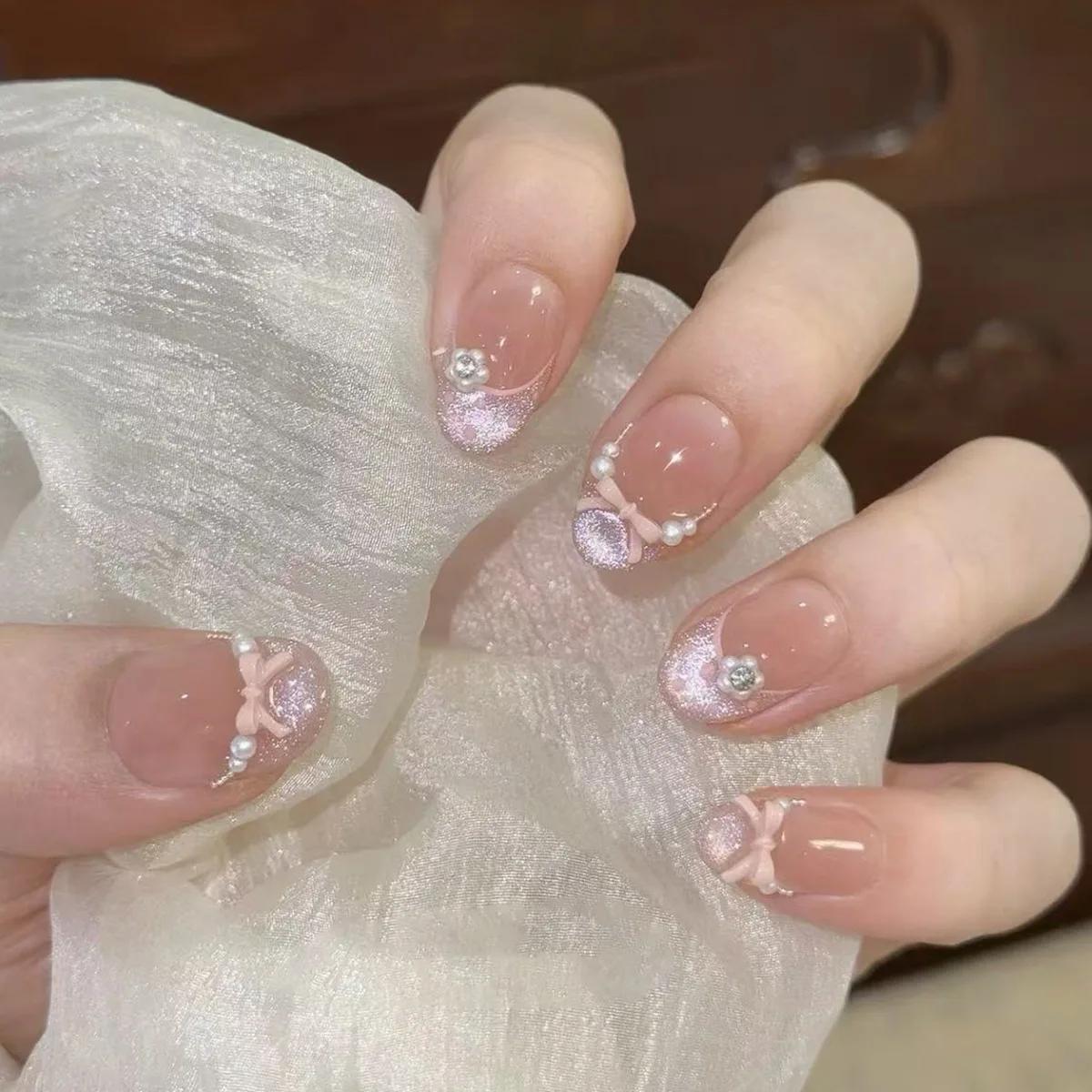 Faux ongles français détachables à pression courte, strass Y2k, avec colle, pour Ballet, doux et Coo
