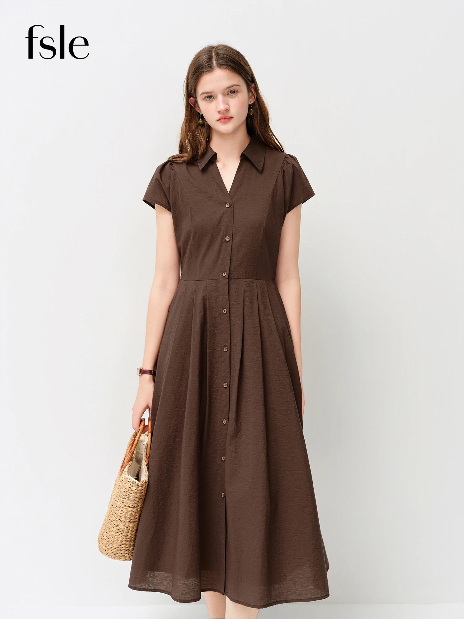 Robe plissée midi pour femme FSLE 2026, col en V fendu, coupe ajustée, style chemise, fluide, modern