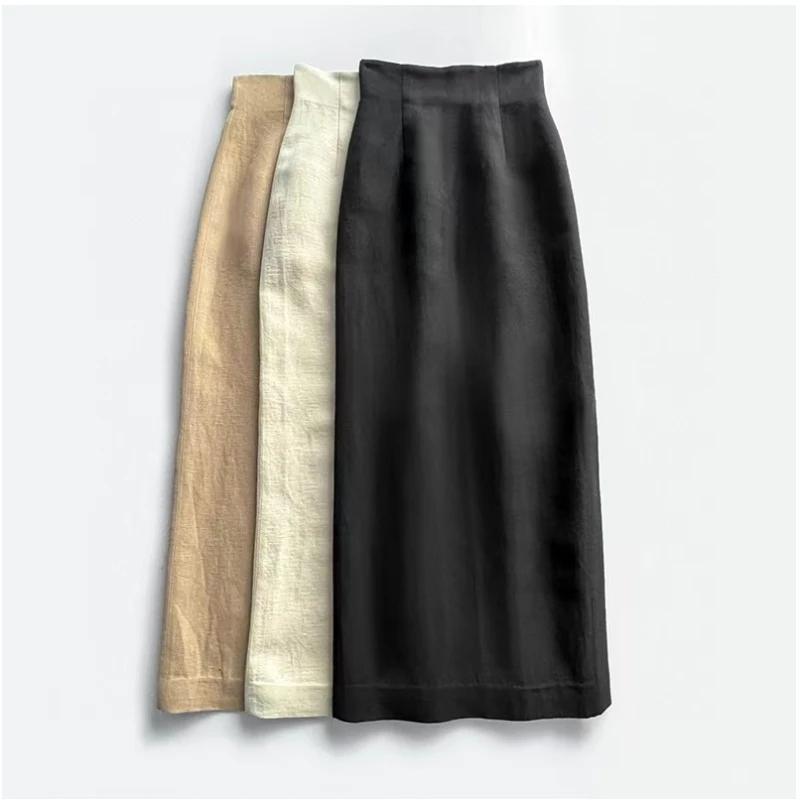 Jupe simple taille haute en lin et laine, atmosphère artistique espagnole, ourlet texturé, fente lat