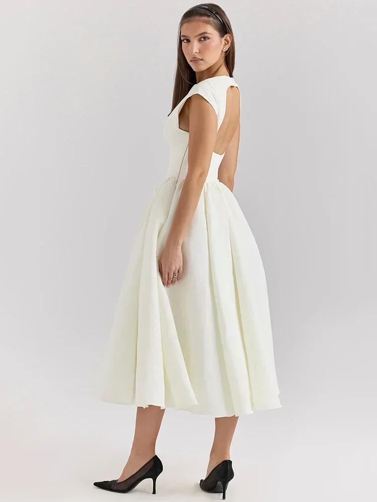 Oligai Robe Longue Crème Femme - Robe Élégante Manches Cape Dos Nu Coupe Cintrée Évasée pour Anniver