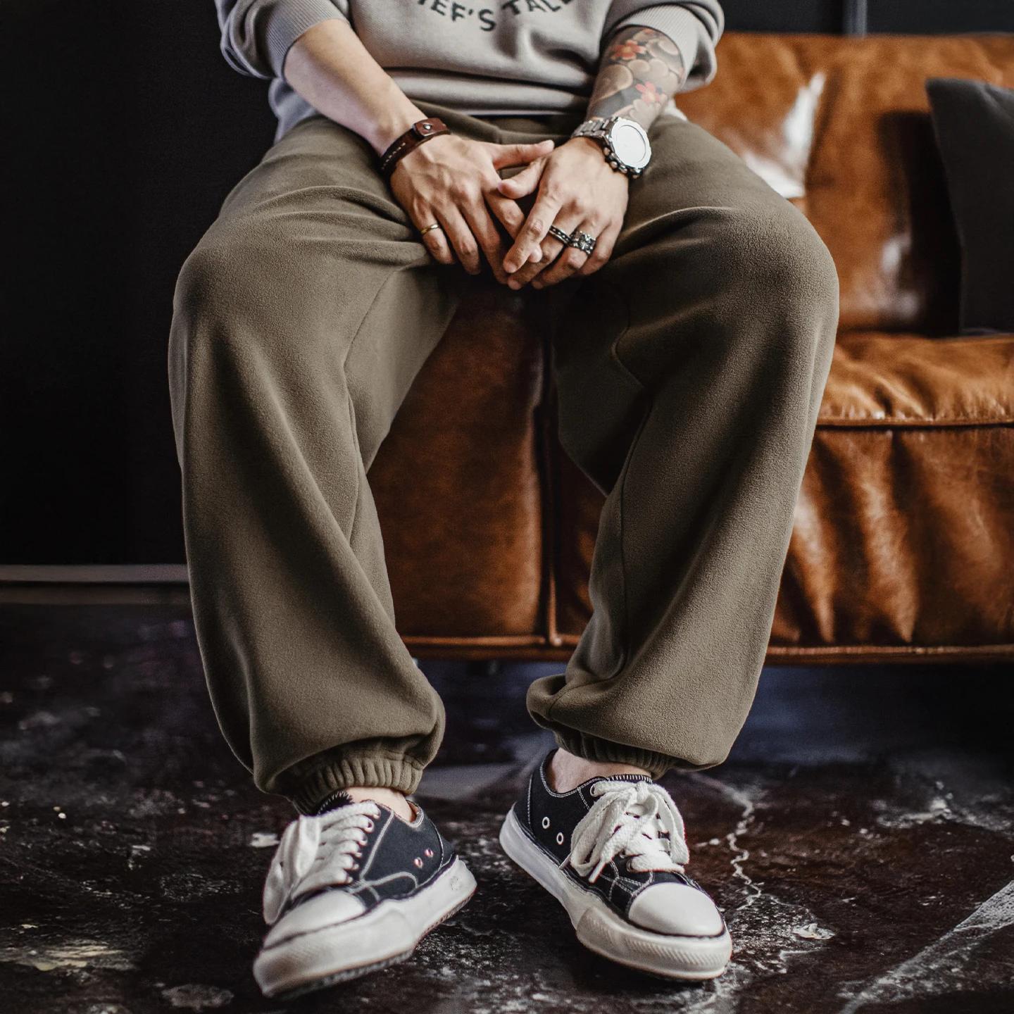 Maden Vintage hommes pantalon de survêtement en polaire brossé vert Olive pantalon thermique taille 