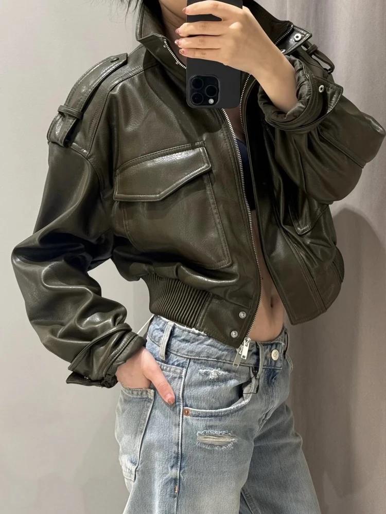 HH mode printemps femmes Faux cuir recadrée veste 2026 Vintage col rabattu fermeture éclair manches 