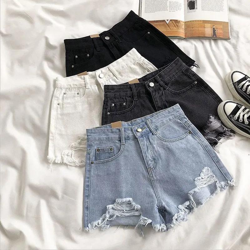 Short en jean déchiré taille haute pour femme, mode coréenne d'été, jean décontracté, poche, pompon,