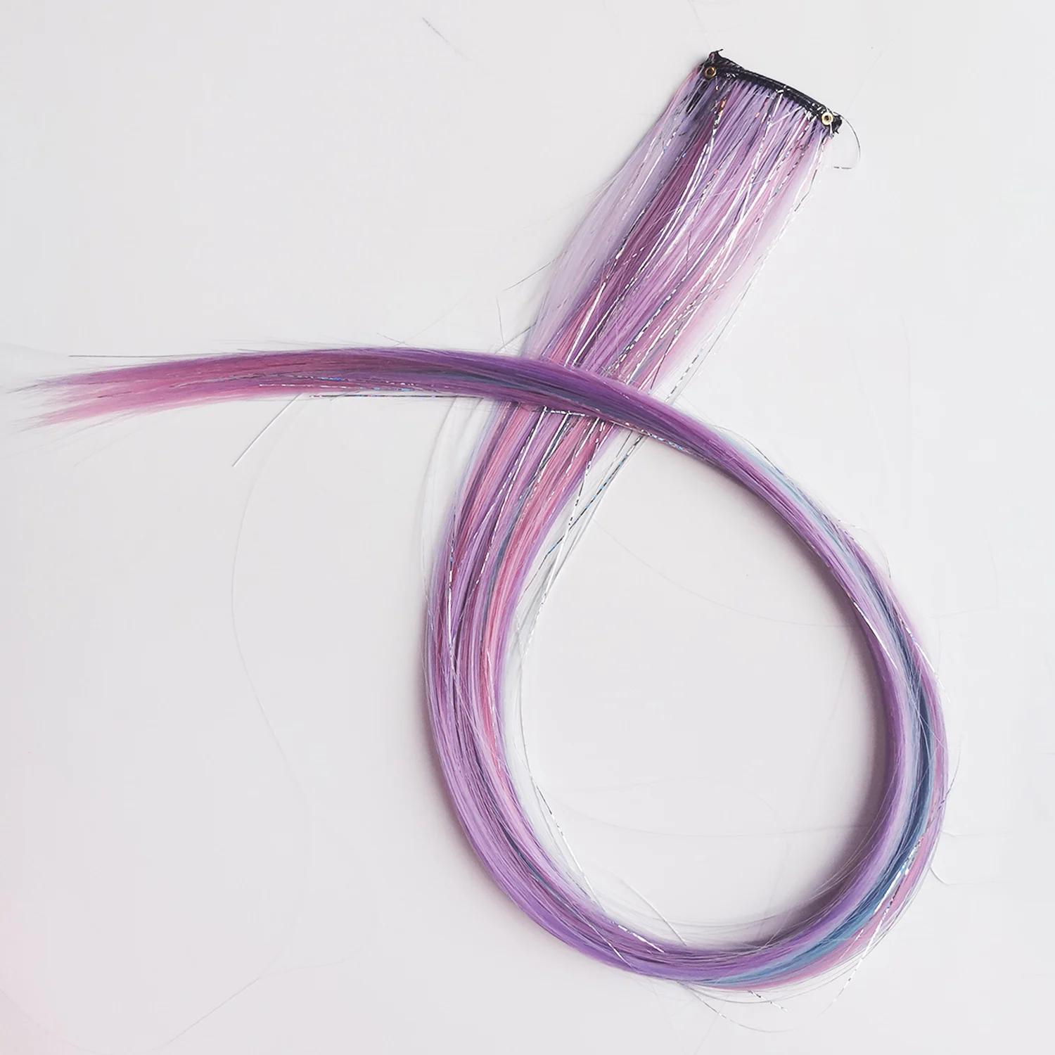 Extensions de cheveux synthétiques à clips licorne colorées, tinsels argentés mélangés, arc-en-ciel,