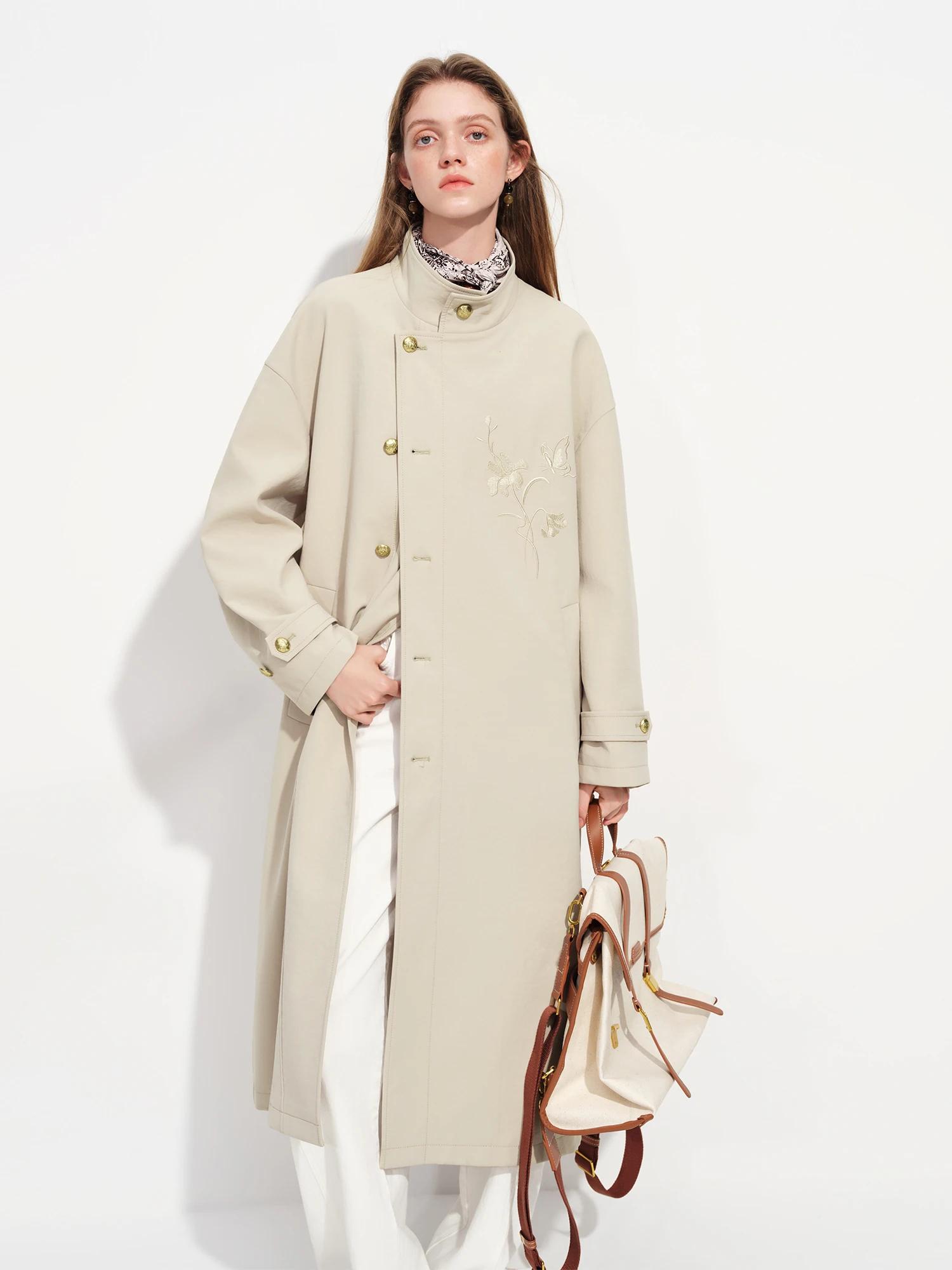 Manteau long kaki FSLE brodé de style chinois à col montant classique pour femme, collection Printem