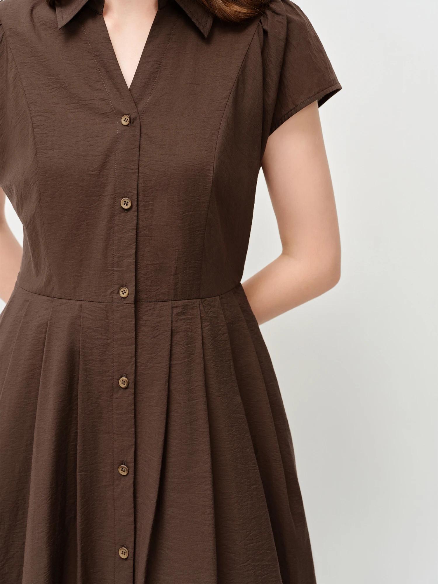Robe plissée midi pour femme FSLE 2026, col en V fendu, coupe ajustée, style chemise, fluide, modern